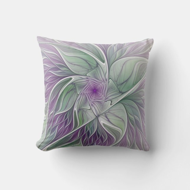 Coussin Rêve de fleurs, Abstrait violet vert Fractal Art (Recto)