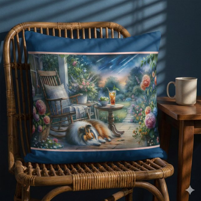 Coussin Rêve de Sheltie sur la véranda du jardin étoilé (Starlit Garden Porch Sheltie Dream Throw Pillow Mockup A)