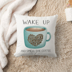 Coussin Réveillez-vous, sentez l'odeur du café - Grains de