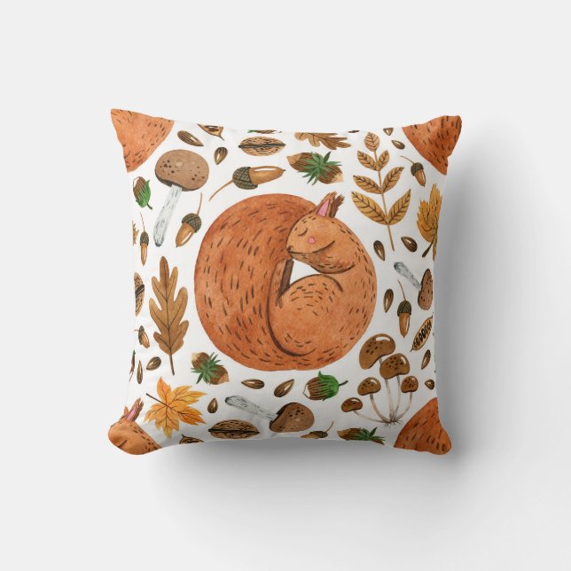 Coussin Rêves d'automne : Aquarelle écureuil paradis (Recto)