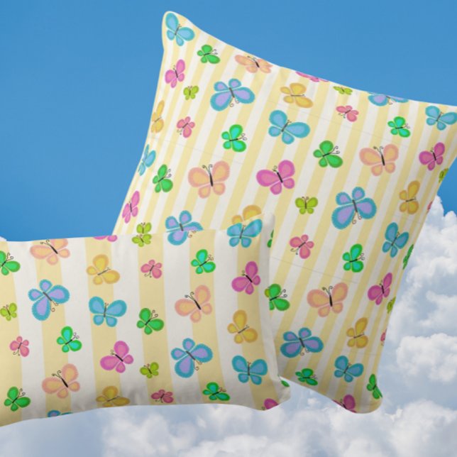 Coussin Rêves de papillon jaune et blanc rayé (Folk art butterflies on sunny yellow stripes)
