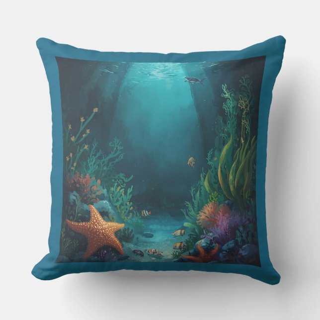 Coussin Rêves d'Océan, Étoiles de Mer Tropicales et Algues (Recto)