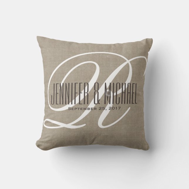 Coussin Revêtement de lin antique avec monogramme blanc (Recto)