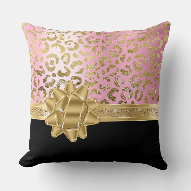 Coussin Ribbon pour léopard rose et bow or noir (Recto)