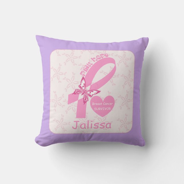 Coussin Ribbon rose Survivant du cancer du sein et bordure (Recto)
