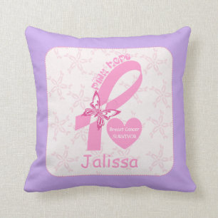 Coussin Ribbon rose Survivant du cancer du sein et bordure