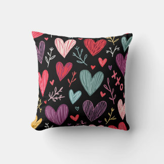 Coussin Rich Black Playful Hand-Drawn Hearts Throw Pillow