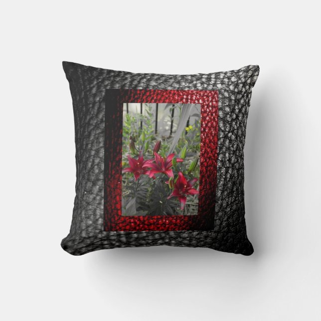 Coussin Rich Faux Collection en cuir - Rouge Floral design (Recto)