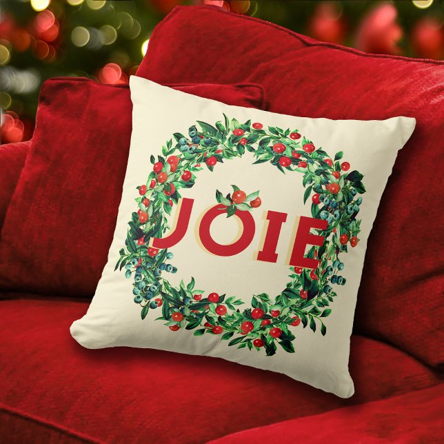 Coussin Rich Red Green Berry Wreath Joie Français (Créateur téléchargé)