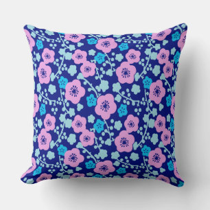 Coussin Riche bleu et rose motifs floraux Plum japonais