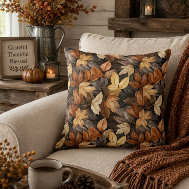 Coussin Riche Brun Beige Feuilles D'automne Rustique Ferme (Créateur téléchargé)