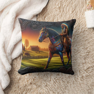 Coussin Rider à cheval coloré dans un paysage de coucher d