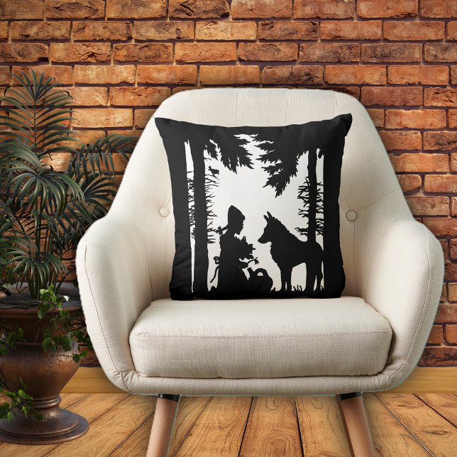 Coussin Riding Hood Watering Can Flowers wolf Forest (Black white decorative pillow with red riding hood in the forest under trees with the wolf.)