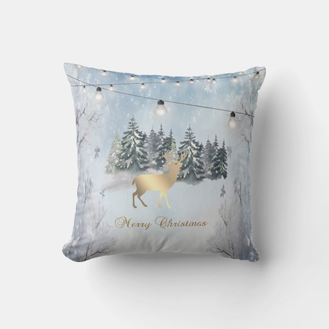 Coussin Rindeer d'or, Forêt, Lumières à cordes Paysage (Recto)
