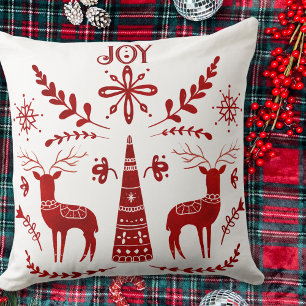 Coussin Rindeer Noël Rouge et blanc Nordique Aquarelle