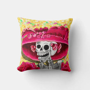 Coussin Rire Skeleton Woman dans Red Bonnet