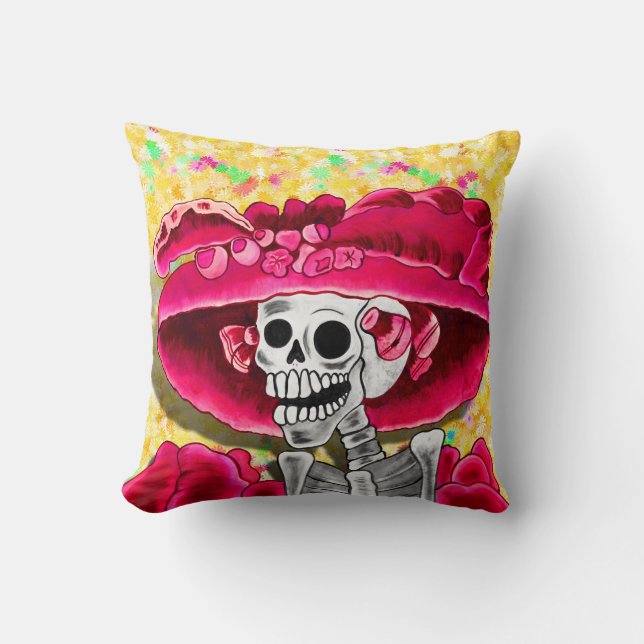 Coussin Rire Skeleton Woman dans Red Bonnet (Recto)