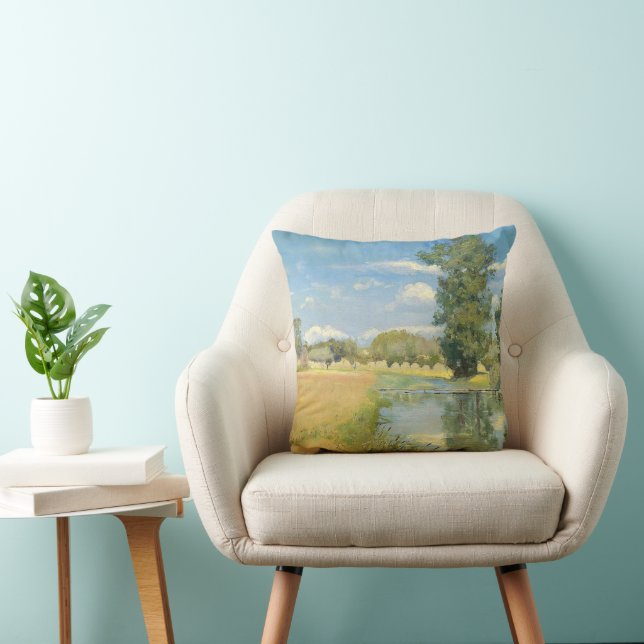 Coussin Rivière à travers un paysage de récolte, été (Chaise)