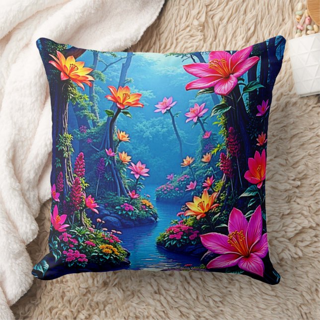 Coussin Rivière fleurie de la forêt enchantée Art (Couverture)