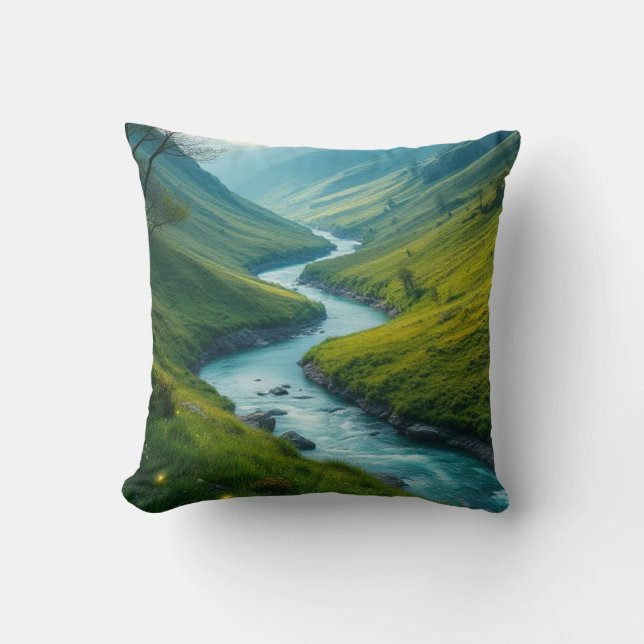 Coussin Rivière magique et paysage de collines verdoyantes (Recto)