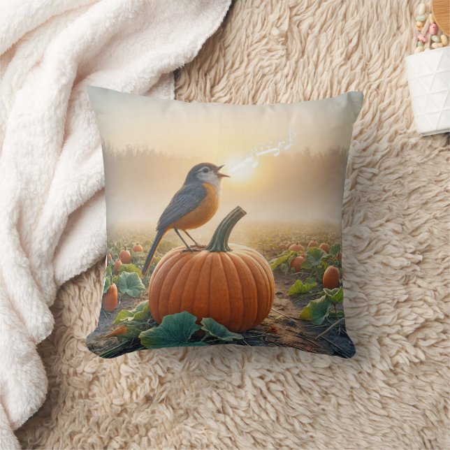 Coussin Robin chantant sur un Citrouille (Couverture)