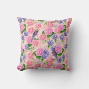 Coussin Robin et fleurs, motif aquarelle