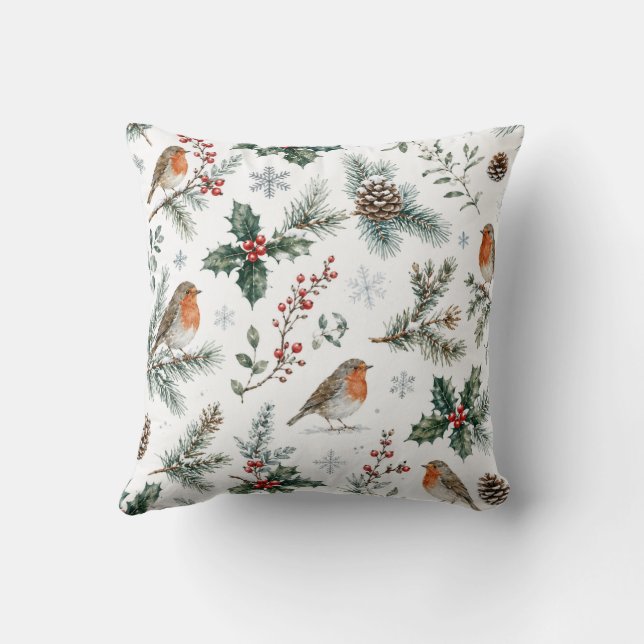 Coussin Robin Noël Hiver Holly Cône Botanique (Verso)