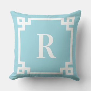 Coussin Robin Oeuf Bleu et blanc Clé grecque Monogramme fr