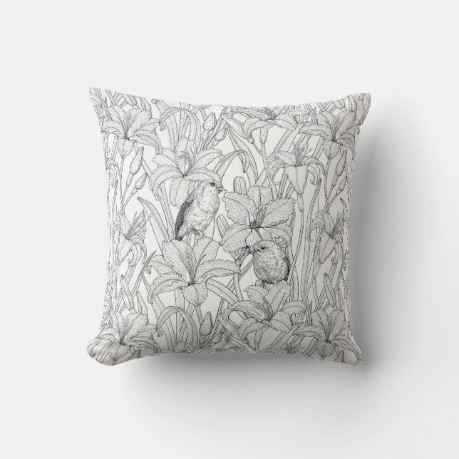 Coussin Robins et fleurs de lys, noir et blanc (Recto)