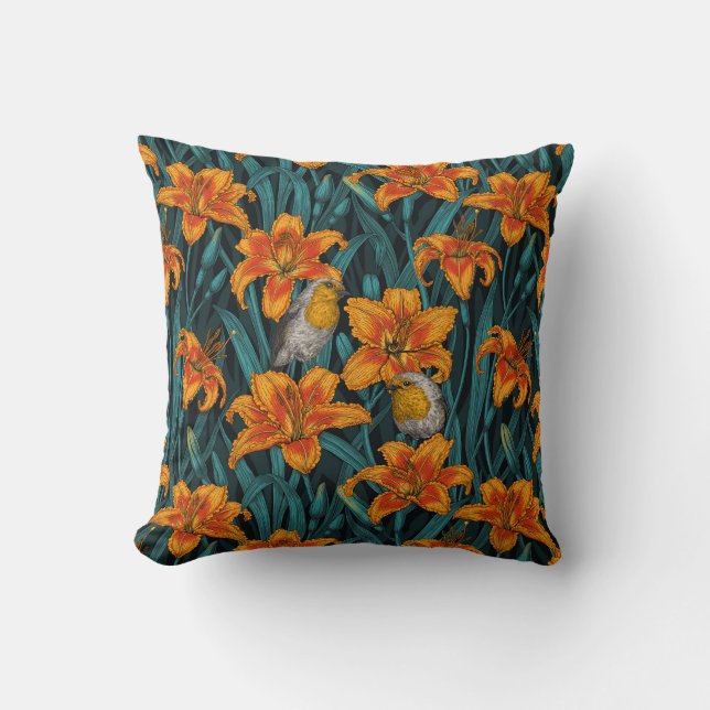 Coussin Robins et fleurs de lys, orange et bleu (Recto)