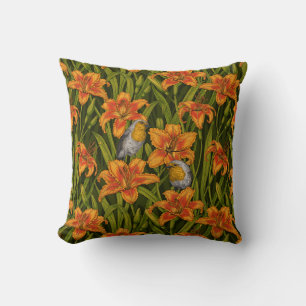 Coussin Robins et fleurs de lys, orange et vert foncé
