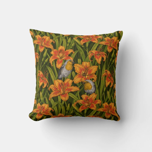 Coussin Robins et fleurs de lys, orange et vert foncé (Recto)