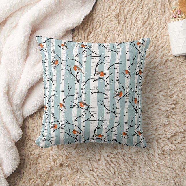 Coussin Robins européens sur bouleau d'argent dans la neig (Couverture)
