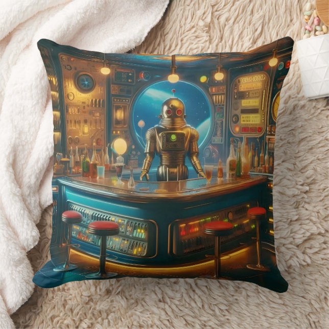 Coussin Robot Barman dans le bar interstellaire de l'ère s (Couverture)