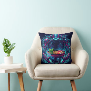Coussin Robot Cyberpunk Futuriste Neon Nourriture Ramen