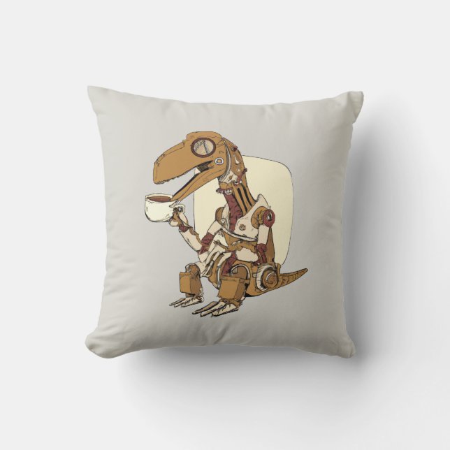 Coussin Robot dinosaur Drinking Coffee (Recto)