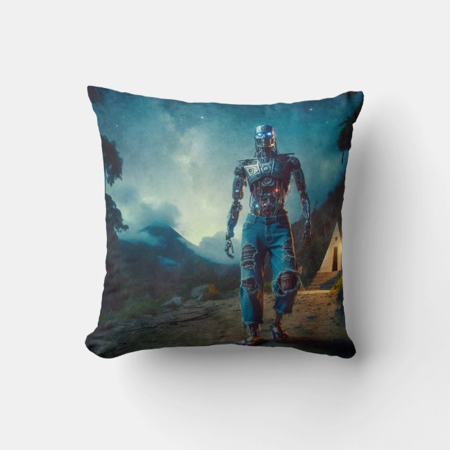 Coussin Robot Futuriste dans un Paysage Antique (Recto)