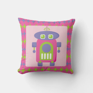 Coussin Robot rétro rose, violet et vert avec étoiles