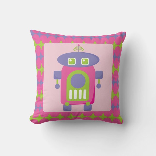 Coussin Robot rétro rose, violet et vert avec étoiles (Recto)