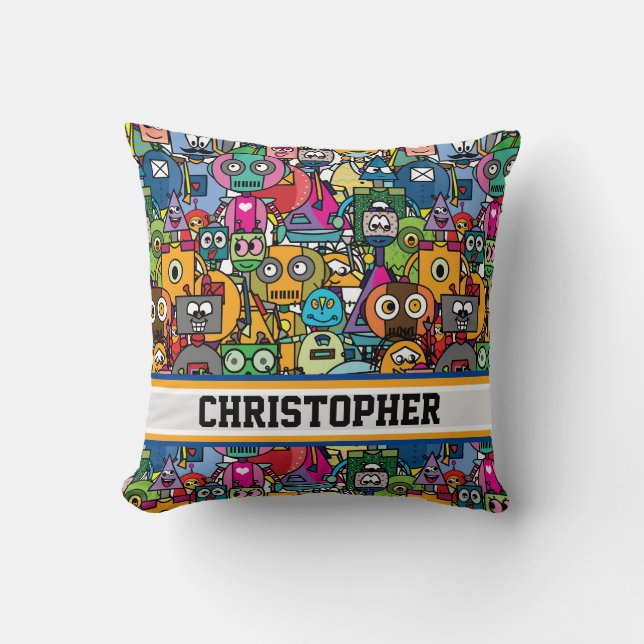 Coussin 🤖 robots colorés mignons avec nom personnalisé (Recto)