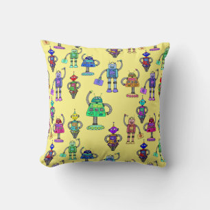 Coussin Robots colorés mignons sur arrière - plan jaune