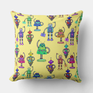 Coussin Robots colorés mignons sur un arrière - plan jaune