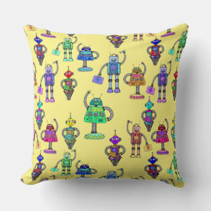 Coussin Robots colorés mignons sur un arrière - plan jaune
