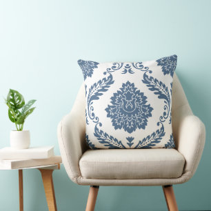 Coussin Rococo Damask grand motif bleu sur blanc