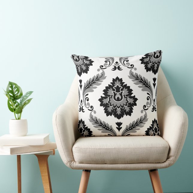 Coussin Rococo Damask Grand Motif Gris Noir Blanc (Chaise)