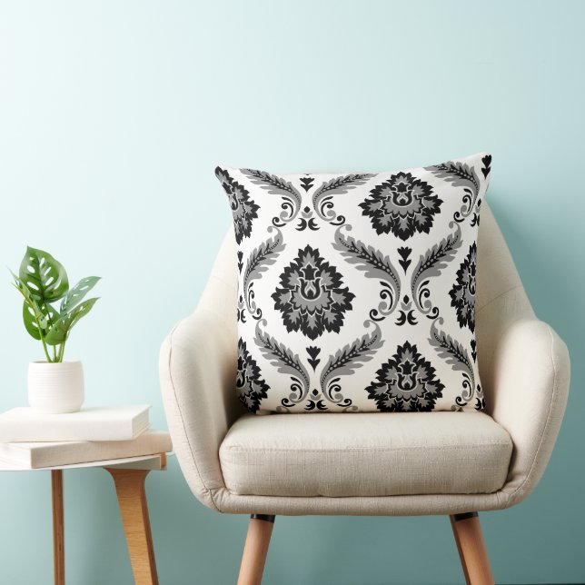 Coussin Rococo Damask Motif Décalé Gris Noir Blanc (Chaise)