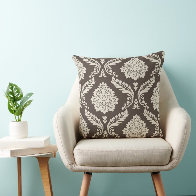 Coussin Rococo Damassé Décalé 2Voies Motif Marron+Crème (Chaise)