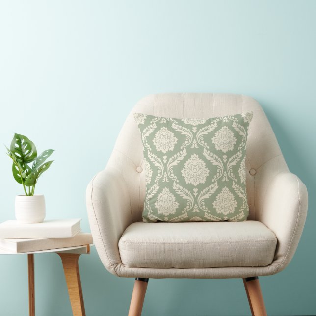 Coussin Rococo Damassé Grand Motif Crème sur Vert (Chaise)