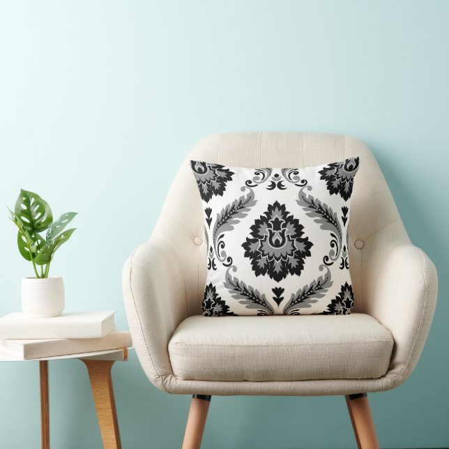 Coussin Rococo Damassé Grand Motif Gris Noir Blanc (Chaise)