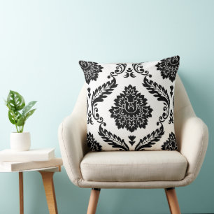 Coussin Rococo Damassé Grand Motif Noir sur Blanc